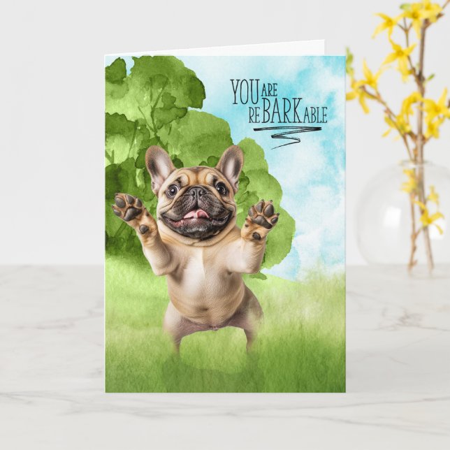 Tarjeta Congratulations reBARKable Tan French Bulldog (flor amarilla)