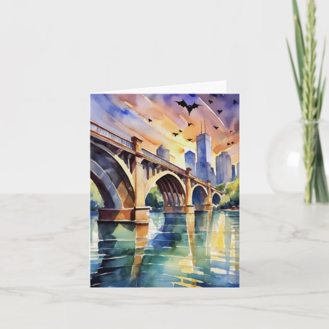 Tarjeta Congress Avenue Bridge Austin Texas Watercolor (Anverso)