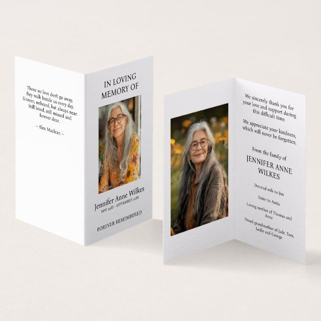 Tarjeta Conmemoración funeraria de la vida gracias (Interior y exterior)