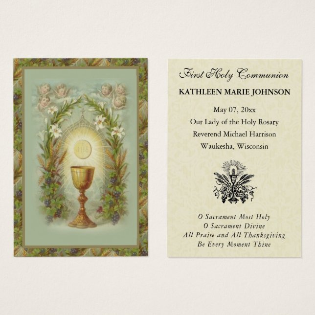 Tarjeta conmemorativa católica de Primera Comunión (Anverso y reverso)