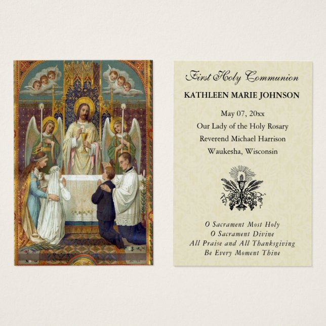 Tarjeta conmemorativa católica de Primera Comunión (Anverso y reverso)
