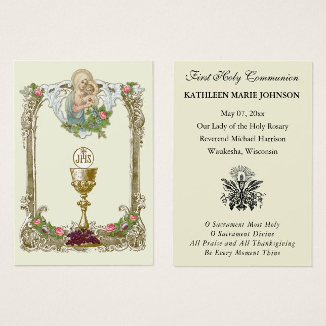 Tarjeta conmemorativa católica de Primera Comunión (Anverso y reverso)