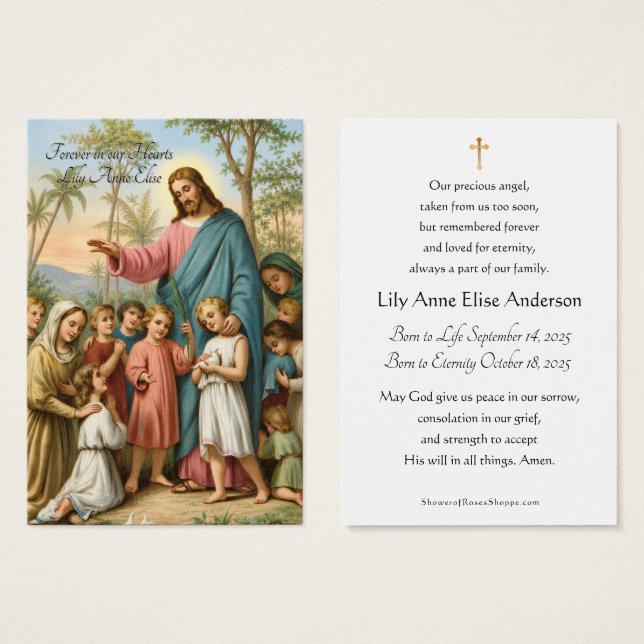 Tarjeta conmemorativa católica para funeral de niñ (Anverso y reverso)