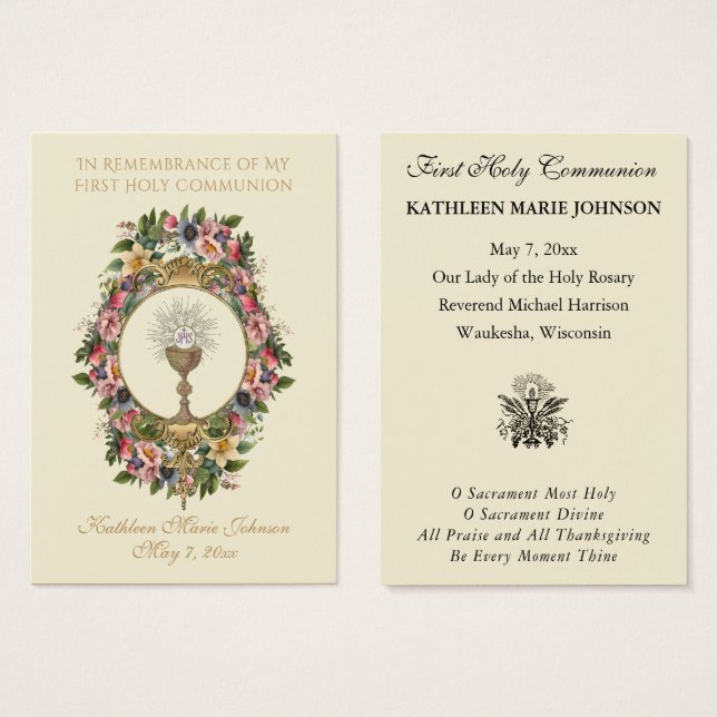 Tarjeta conmemorativa de Primera Comunión elegante (Anverso y reverso)
