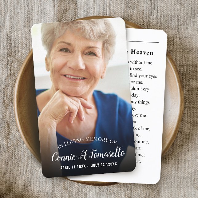 Tarjeta conmemorativa del funeral de la simpatía f (Personalized Photo Sympathy Funeral Memorial Card with Letter From Heaven Poem)