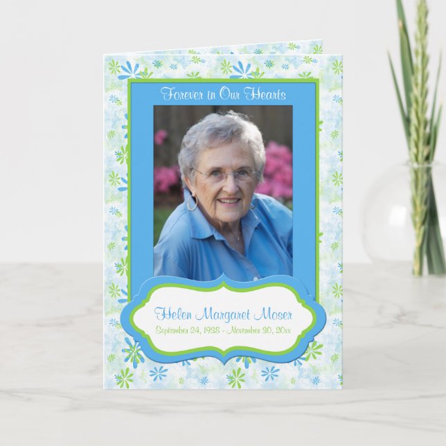 Tarjeta conmemorativa floral azul y verde con foto (Anverso)