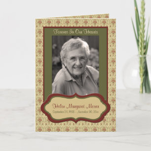 Tarjeta conmemorativa floral roja y verde con foto