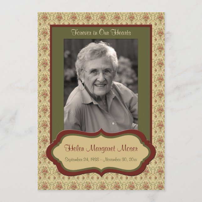 Tarjeta conmemorativa floral roja y verde con foto (Anverso)