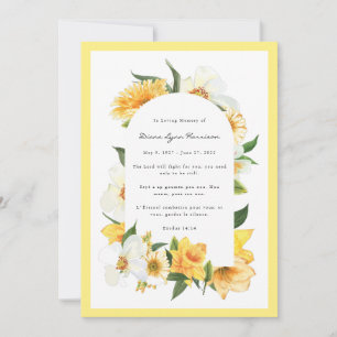 Tarjeta conmemorativa fúnebre floral amarilla y bl