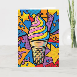 Tarjeta Cono de helado de cumpleaños y arte pop de confeti