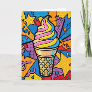 Tarjeta Cono de helado de cumpleaños y arte pop de confeti
