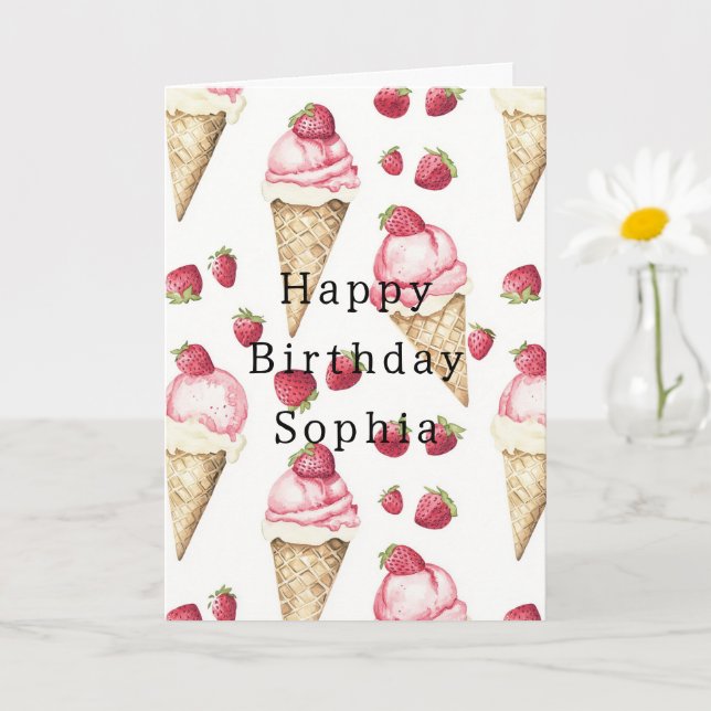 Tarjeta Conos de Helado de Fresa Cumpleaños (Planta pequeña)