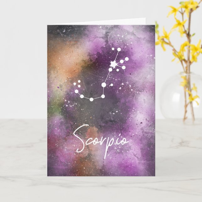 Tarjeta Constelación de Escorpio Galaxia Púrpura Zodiaca (flor amarilla)