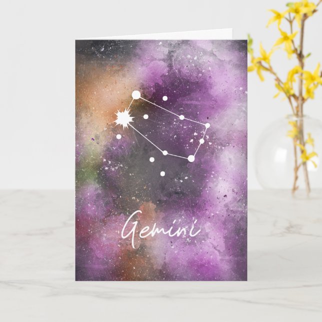 Tarjeta Constelación de Géminis Galaxia Púrpura Zodiaca (flor amarilla)