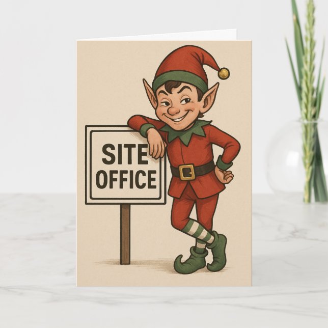Tarjeta Construction theme Christmas card Elf leaning  (Anverso)