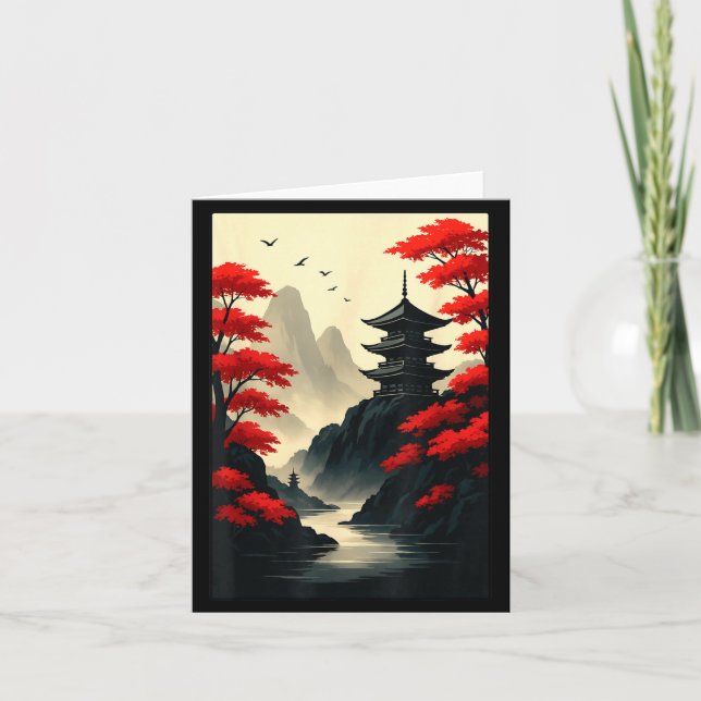 Tarjeta Cool Japanese Pagoda Castle Mountain Landscape Gra (Anverso)