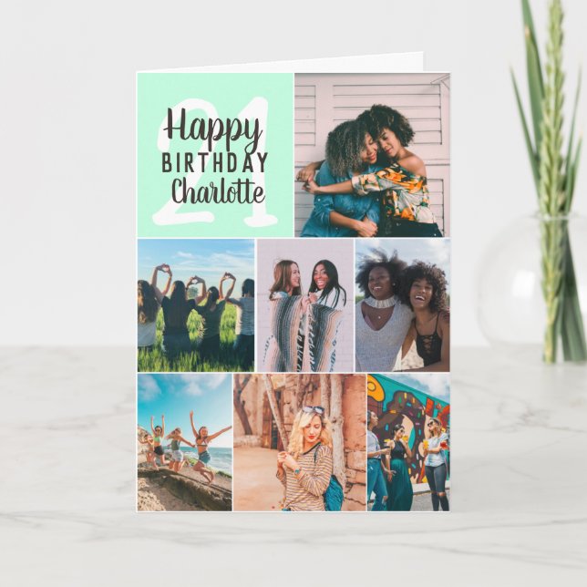 Tarjeta Cool modern mint photos collage grid 21 birthday (Anverso)
