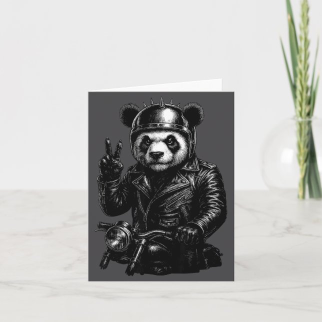 Tarjeta Cool Panda Punk Peace Sign Motorcycle  (Anverso)