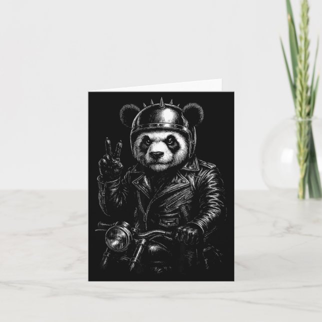 Tarjeta Cool Panda Punk Peace Sign Motorcycle  (Anverso)