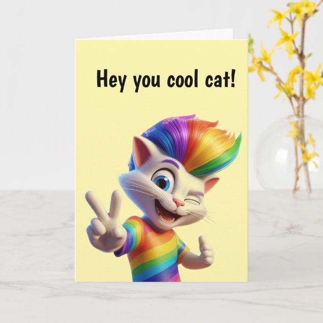 Tarjeta Cool Rainbow Cat Birthday (flor amarilla)