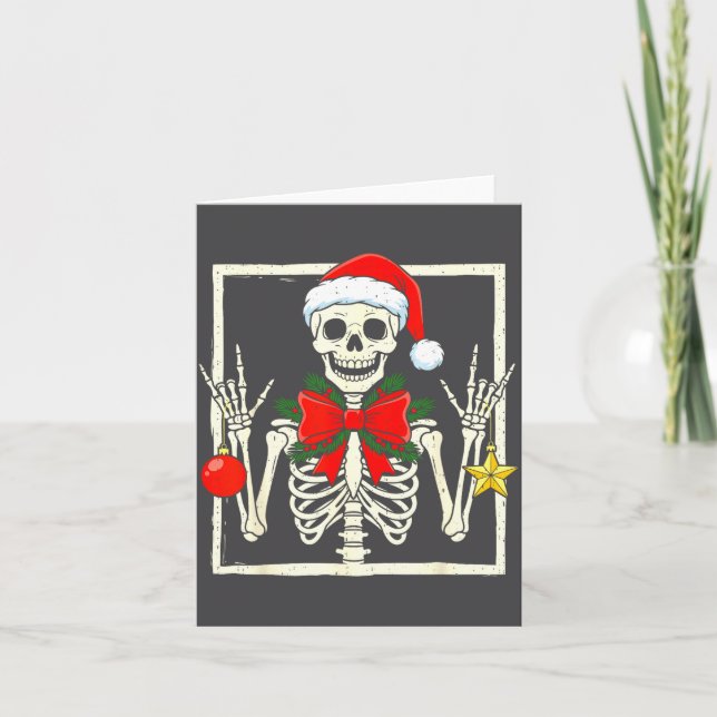 Tarjeta Cool Rocker Skeleton Santa Hat Christmas Punk Rock (Anverso)