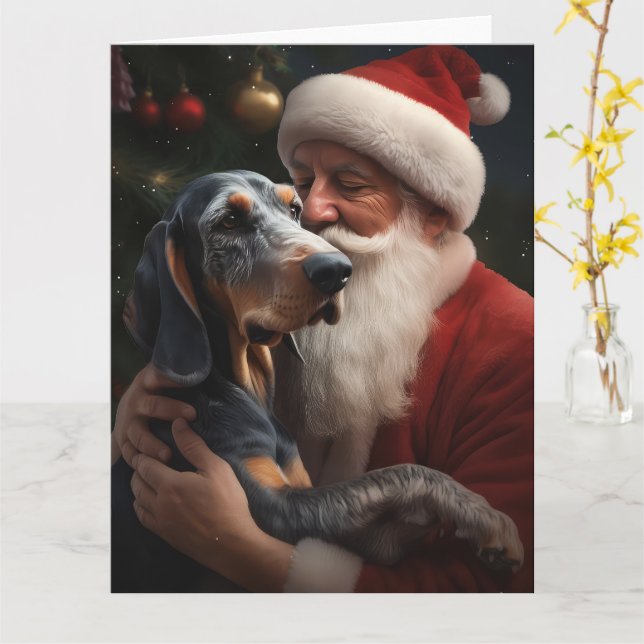 Tarjeta Coonhound Bluetick Con Navidades De Santa Claus (flor amarilla)