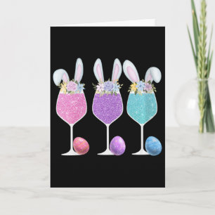 Tarjeta Copa de vino de Pascua para mujeres con orejas de