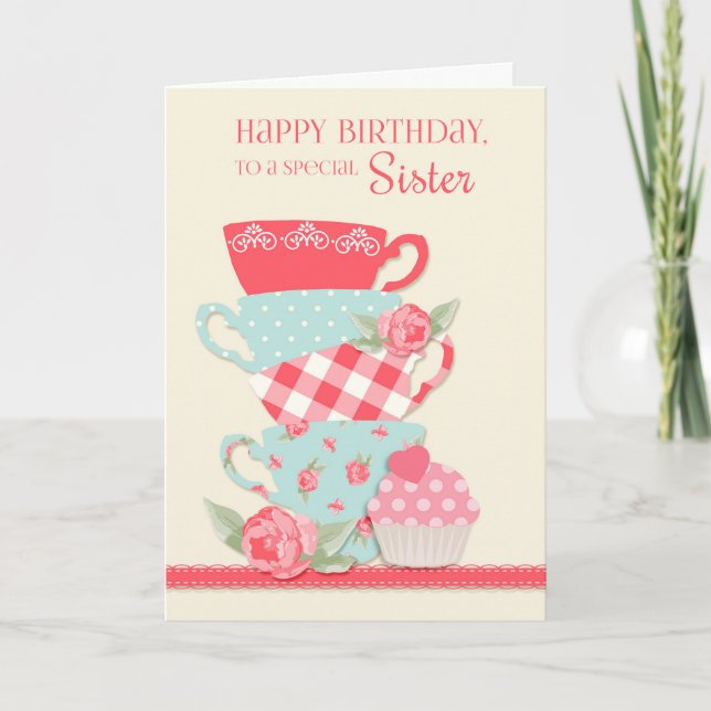 Tarjeta Copas de té y Rosas, hermana feliz cumpleaños (Anverso)