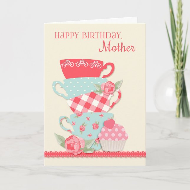 Tarjeta Copas de té y Rosas, madre feliz cumpleaños (Anverso)