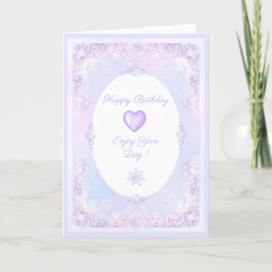 Tarjeta copo de nieve lila claro y corazón brillante
