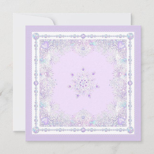 Tarjeta copo de nieve lila claro y corazón escarchado (Anverso)