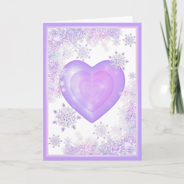 Tarjeta copo de nieve morado ligero y corazón brillante (Anverso)