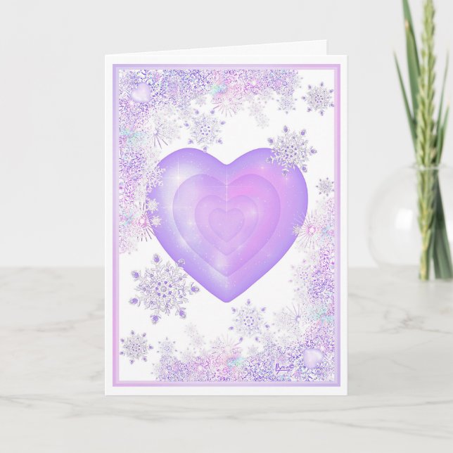 Tarjeta copo de nieve morado ligero y corazón brillante (Anverso)