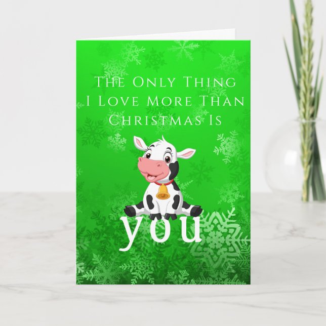 Tarjeta Copos de Navidad verdes ternera bebé feliz (Anverso)