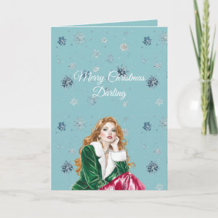Tarjeta Copos de nieve azules chic pelirroja femenina