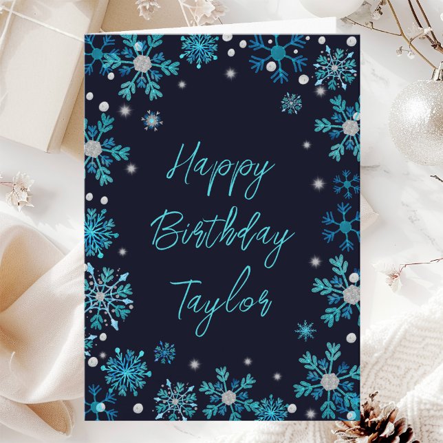 Tarjeta Copos de nieve azules y plateados Feliz cumpleaños (Subido por el creador)