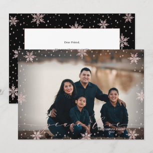 Tarjeta Copos de nieve de oro rosa Paz y Amor Foto Navidad