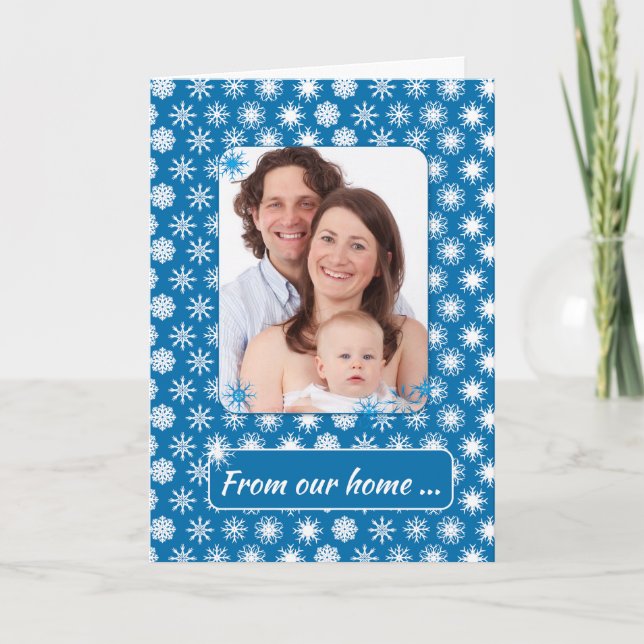 Tarjeta Copos de nieve en azul, festividad fotográfica de  (Anverso)