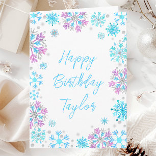 Tarjeta Copos de nieve púrpura y azul Feliz Cumpleaños
