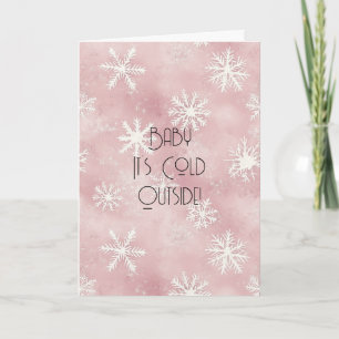 Tarjeta Copos de nieve rayas blancas y rosadas de Navidad