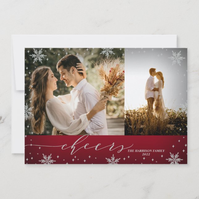 Tarjeta Copos de nieve rojos y plateados 2 fotos Navidades (Anverso)