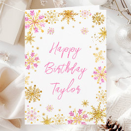 Tarjeta Copos de nieve rosados y dorados Feliz cumpleaños