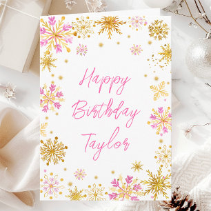 Tarjeta Copos de nieve rosados y dorados Feliz cumpleaños