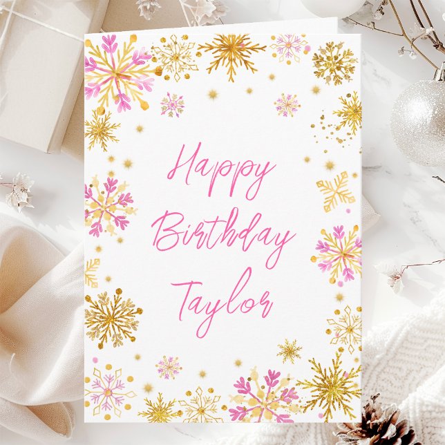 Tarjeta Copos de nieve rosados y dorados Feliz cumpleaños (Subido por el creador)