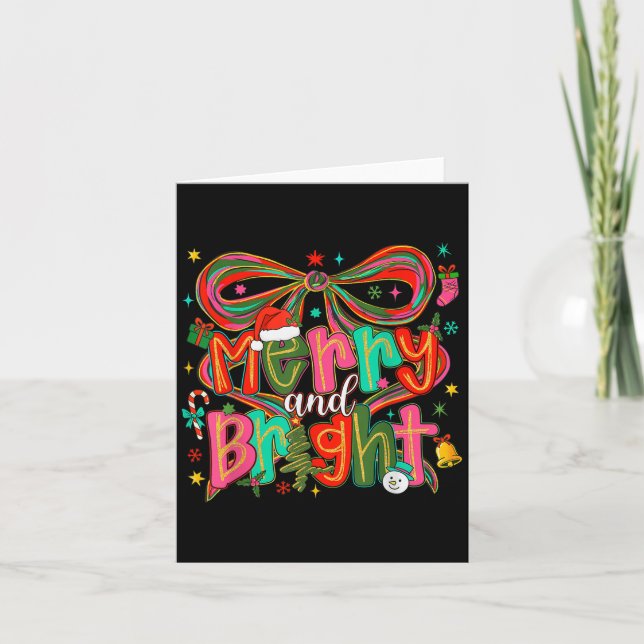 Tarjeta Coqueta de Bow Rosa Merry And Bright Preppy Navida (Anverso)