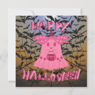 Tarjeta Coqueta Fantasma Rosa Feliz Halloween Arte Digital