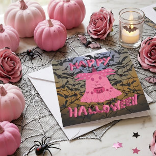 Tarjeta Coqueta Fantasma Rosa Feliz Halloween Arte Digital