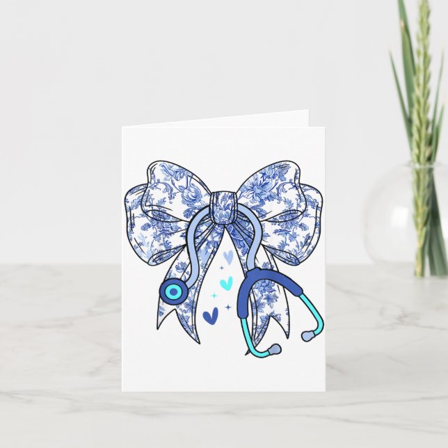 Tarjeta Coqueta Floral Azul Enfermera Bow Estetoscopio Méd (Anverso)