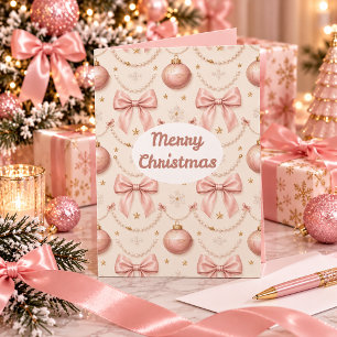 Tarjeta Coqueta Rosa Feliz Navidad Lazos y Perlas Fiesta