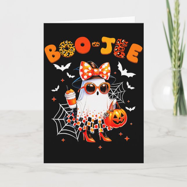Tarjeta Coquette Leopard Ghost Coffee Boo-jee Halloween Bo (Anverso)